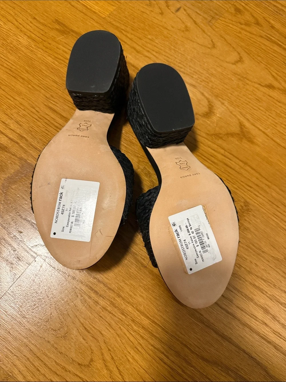Tory Burch Black Raffia Slide Mules with Gold Logo Accent